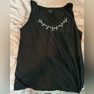 Black tank top with crystal neckline trim. LOFT